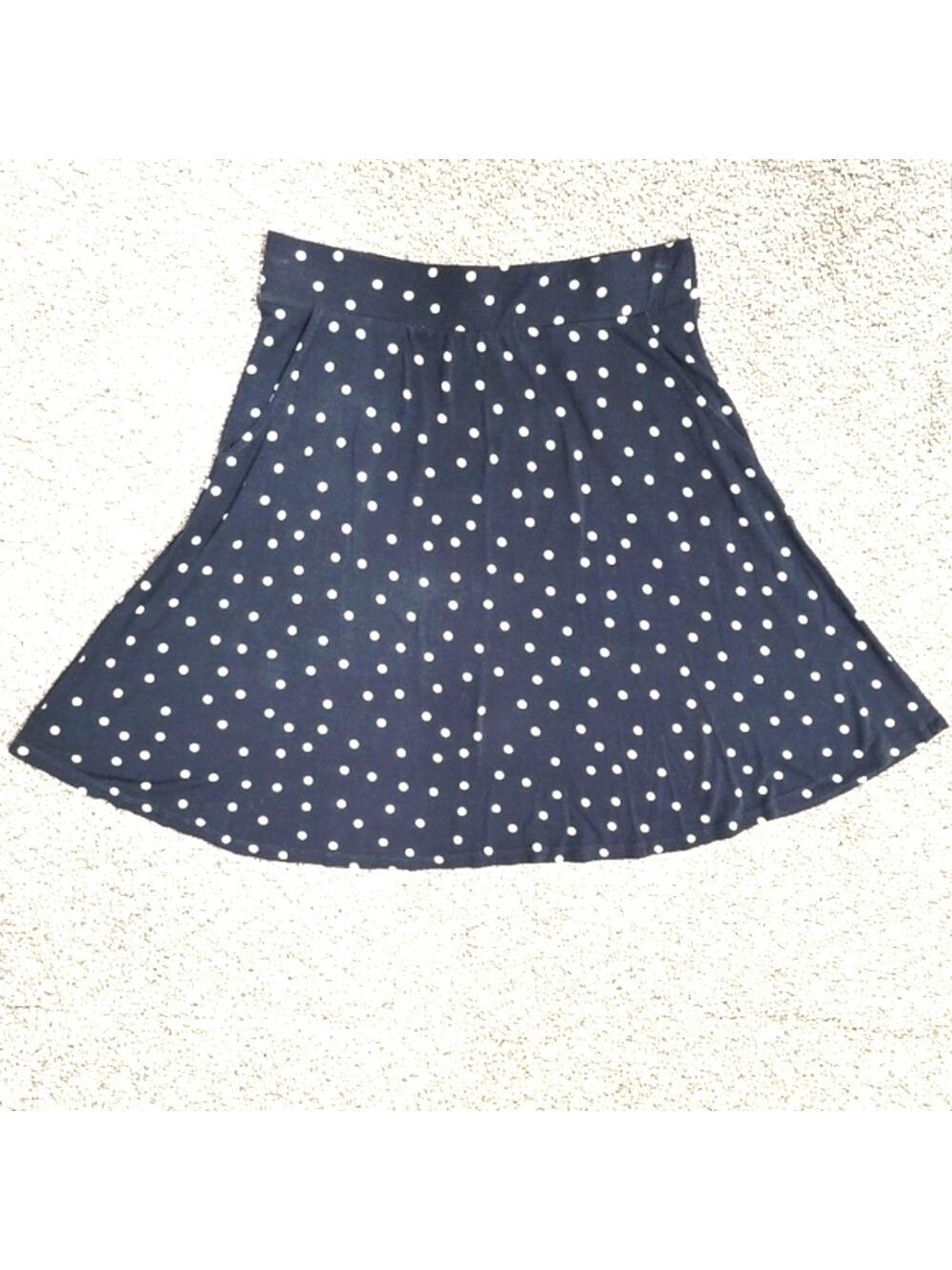 Polka Dot Mini Skirt Flare Elastic Waist Minimalist Pockets Navy White Medium
